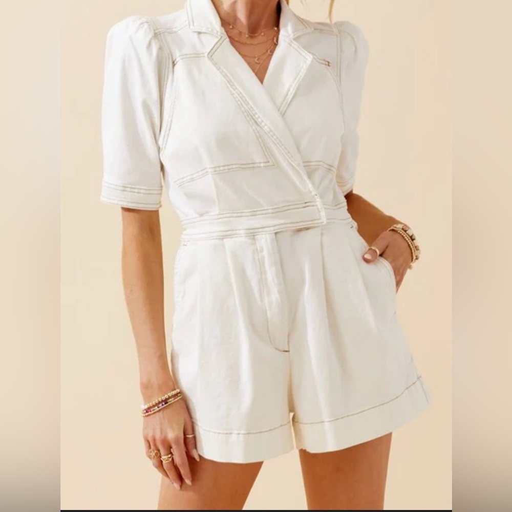 Day+Moon White puff sleeve denim short romper size medium - Picture 2 of 4